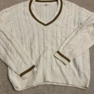 Ardene White V-Neck Sweater with Brown Trim